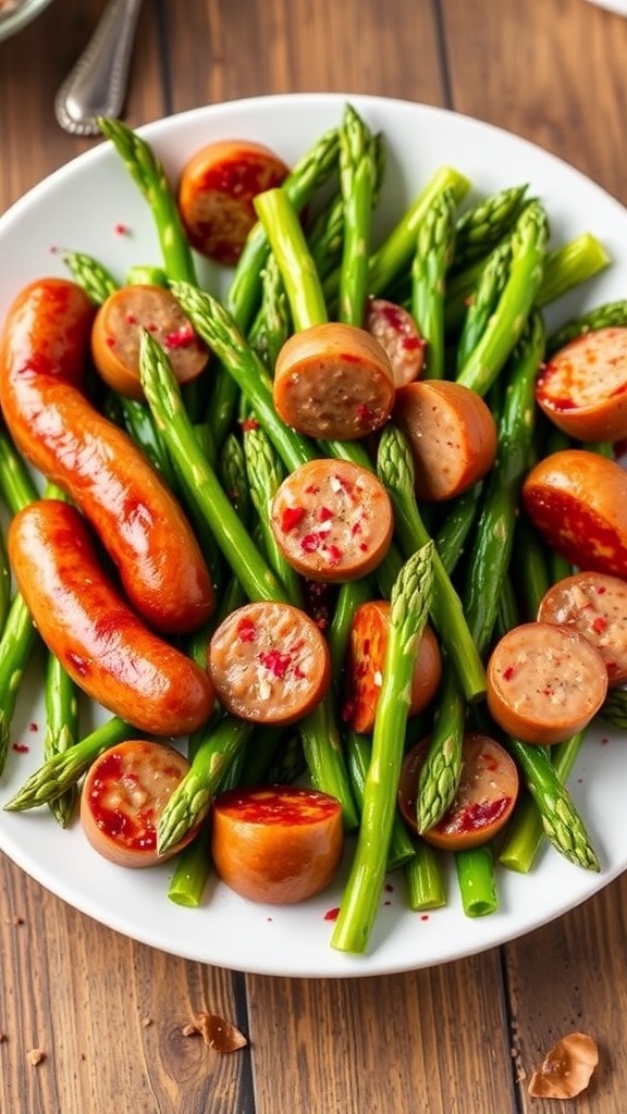Air fryer sausage and asparagus served on a plate, featuring golden sausage links and bright green asparagus.